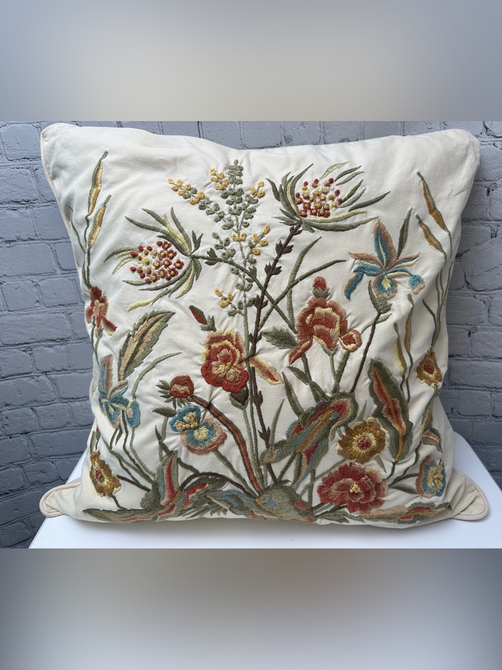 Embroidered Floral Decorative Pillow - Ivory with Multicolor Blossoms